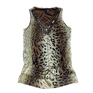 New Directions Leopard Print Peplum Top Women Sz M Brown Embellished Y2K Mobwife